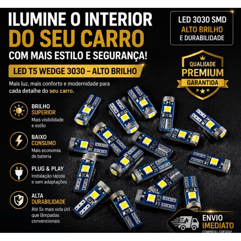 Kit 2 Lâmpadas Led T5 3 Leds W3w 3030 12v Painel Carro Moto