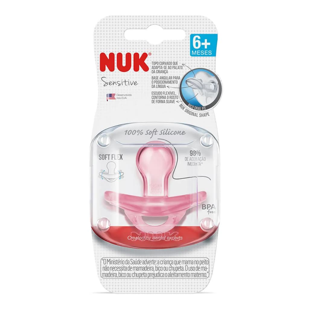 Kit 2 Chupetas NUK Sensitive 100% Silicone Soft Flex Tamanho 2 6+ Meses Rosa e Azul