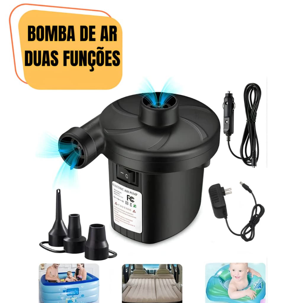 Bomba Elétrica Pneumática Portátil Bivolt+3 Bicos Para Colchão de Ar Piscina Boia Sofá Inflável