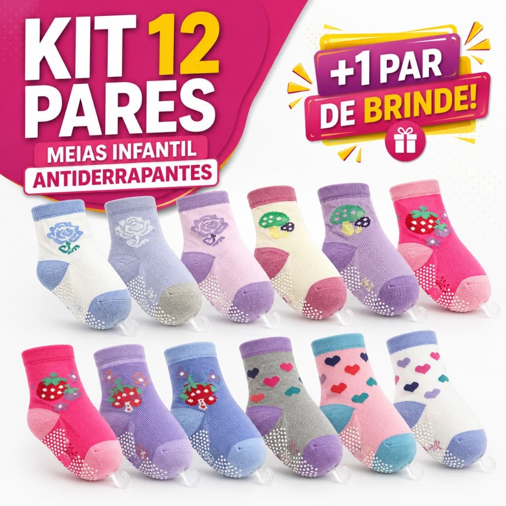 MEIA INFANTIL MENINA BEBE CRIANÇA 12 PARES ANTIDERRAPANTE