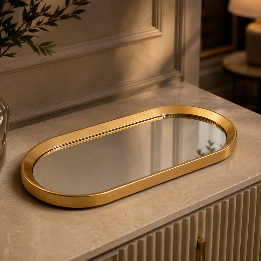 Bandeja Oval Dourada Espelhada Organizador Decorativo para Lavabo Penteadeira Acessórios Joais