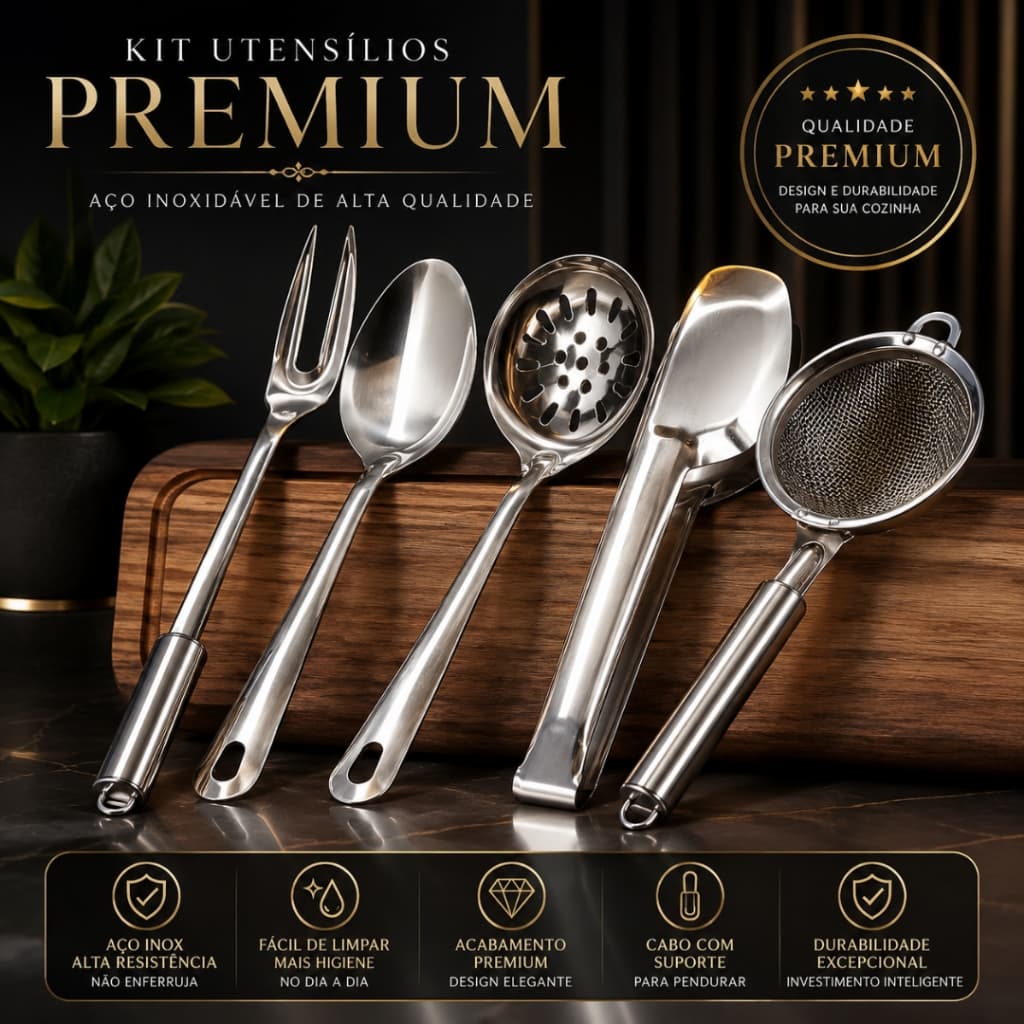 Kit Utensílios Cozinha Aço Inox 5 Peças Premium Pegador Colher Escumadeira Peneira Garfo Trinchante