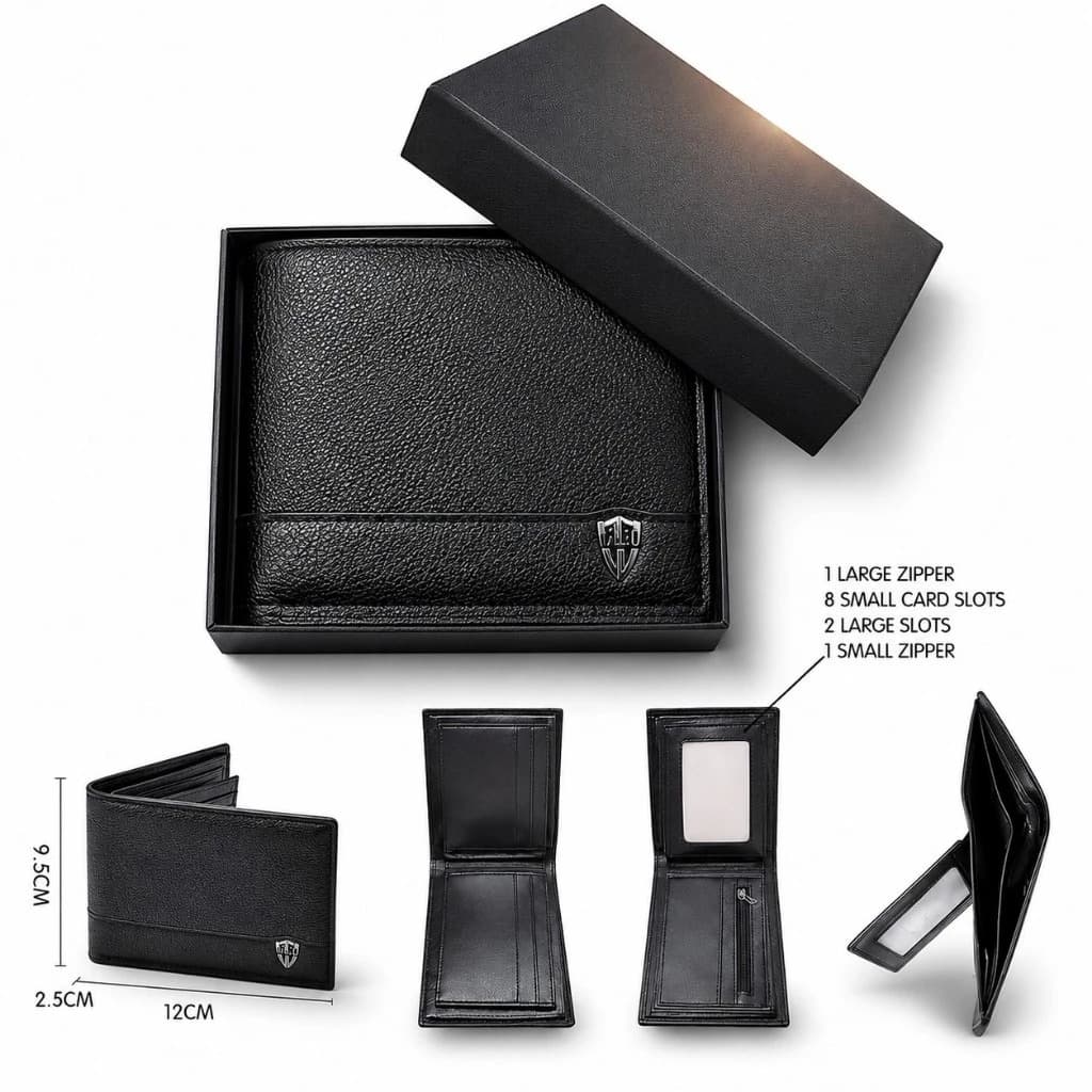 Carteira Masculina Dobrável Couro PU Com Zíper Porta Cartões Porta Documento Compacta