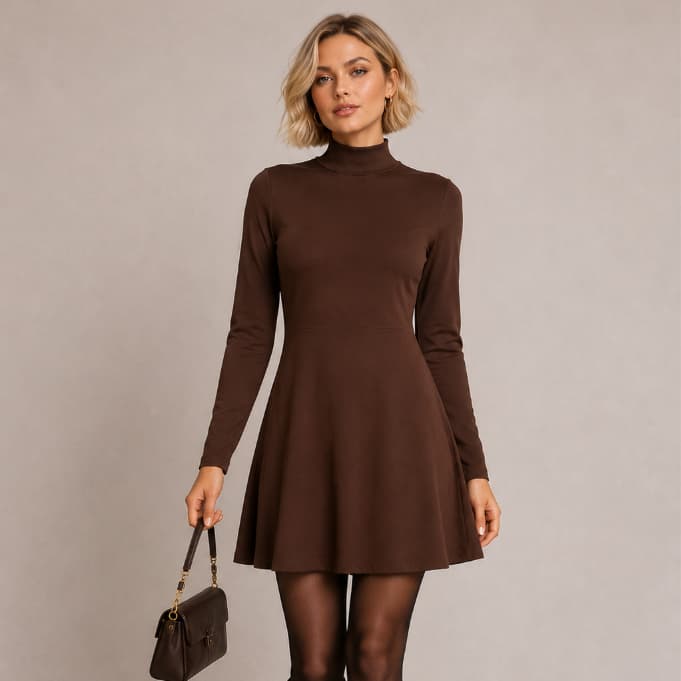 Vestido Curto Feminino Casual Manga Longa Gola Alta Look Elegante Algodão Suedine Gola Ribana Inverno