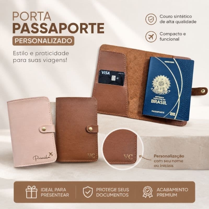 Porta Passaporte Personalizado Nome ou Inicial Couro Sintético Premium Viagem Presente