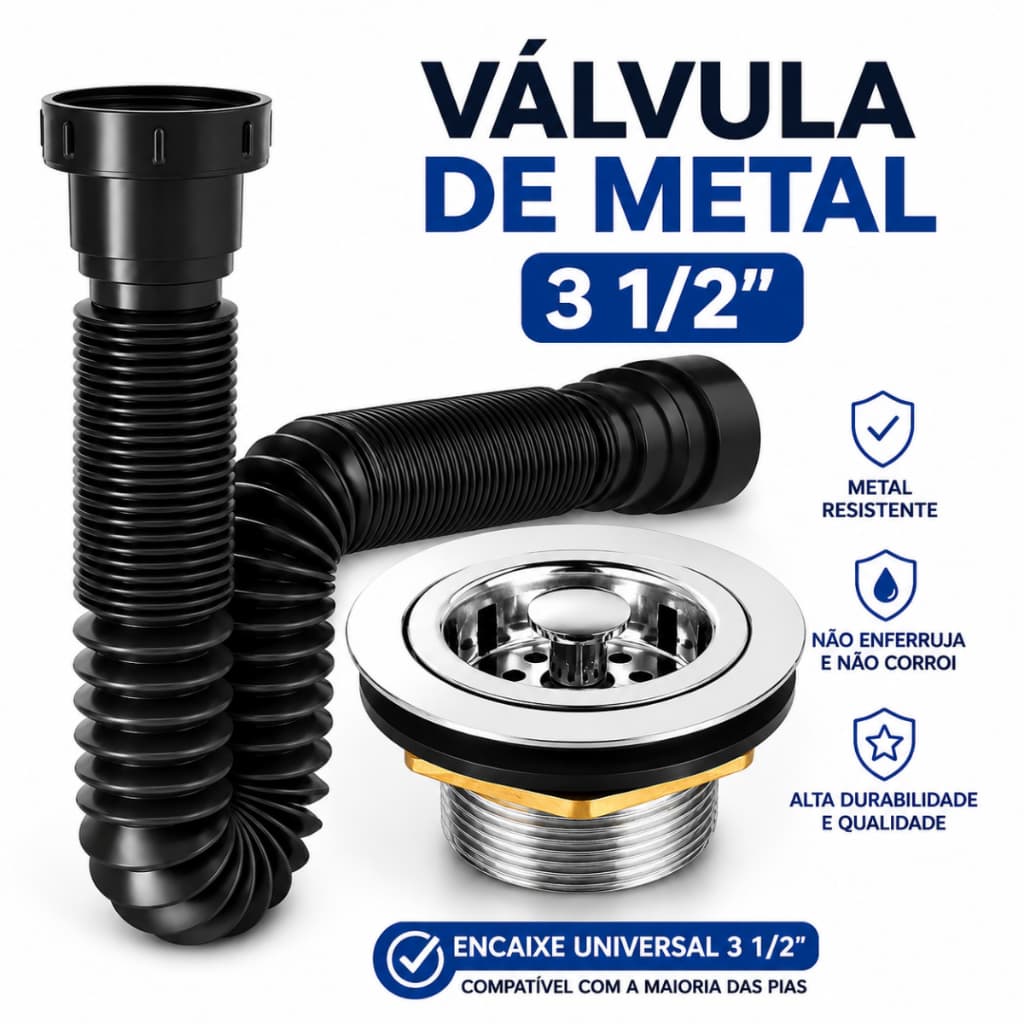 Sifão Sanfonado Universal Preto + Válvula Pia de Cozinha Metal 3 1/2 | Ralo Pia De Cozinha Flexível Americana