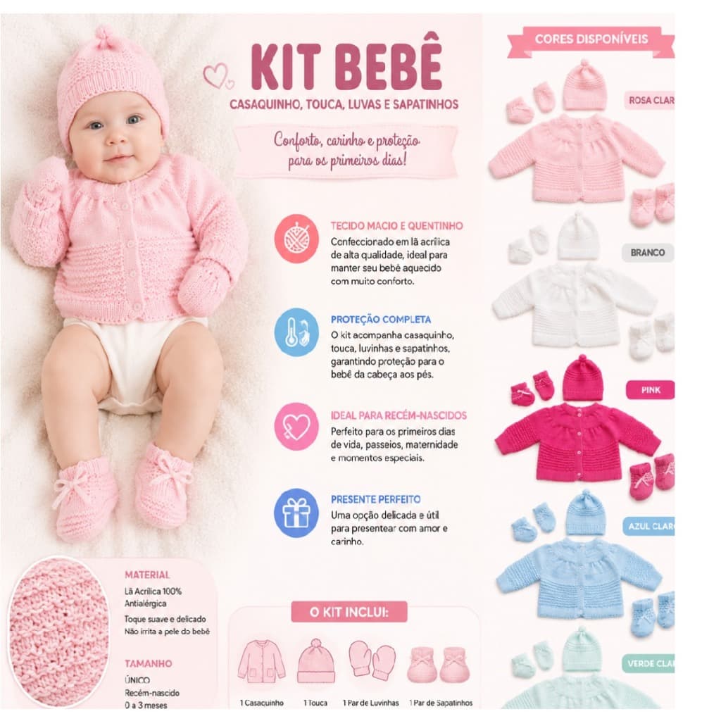 Kit  Tricô Lã Casaco Touca Luvas Sapatinho Recém Nascido Saída Maternidade Bebê