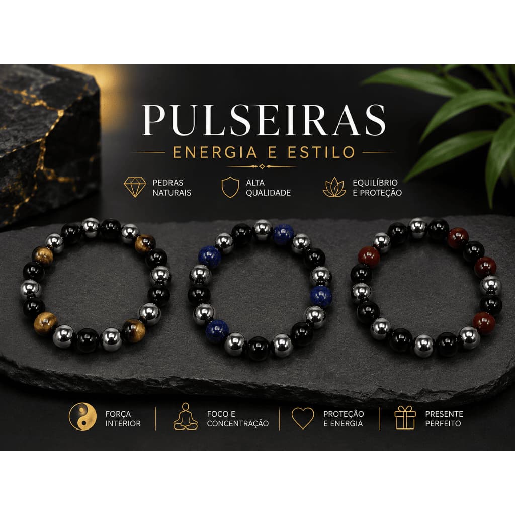 Pulseira Pedra Natural Mix Hematita, Olho de Tigre e Obsidiana Joia Sagrada Proteção Espiritual Energia Positiva