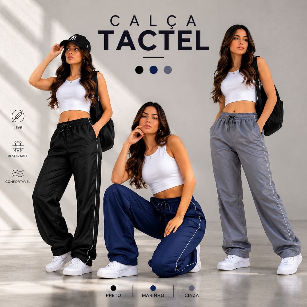 Calça Tactel Feminina Streetwear SK8 Cintura Alta Tecido Leve Confortável Moda Casual Skate