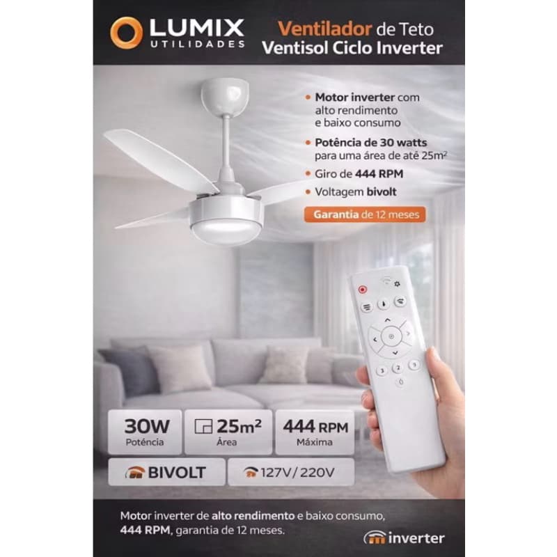 Ventilador De Teto Ventisol ciclo Inverter C/Controle Branco Bivolt