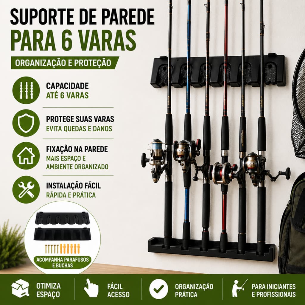 Suporte Vara Para Pesca Expositor De Parede 6 Varas