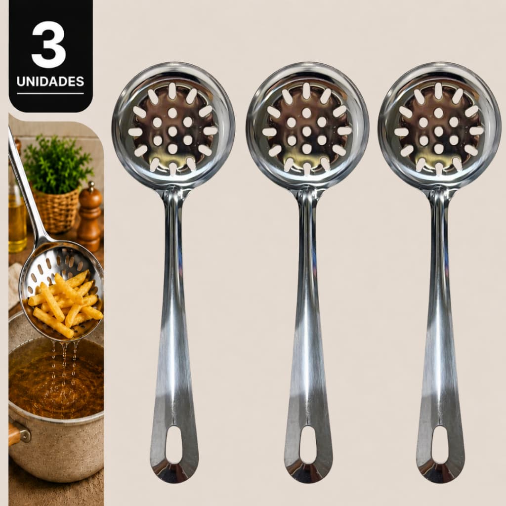 Escumadeira Inox 24cm Resistente Fritura Cozinha Profissional Kit 3 Unidades