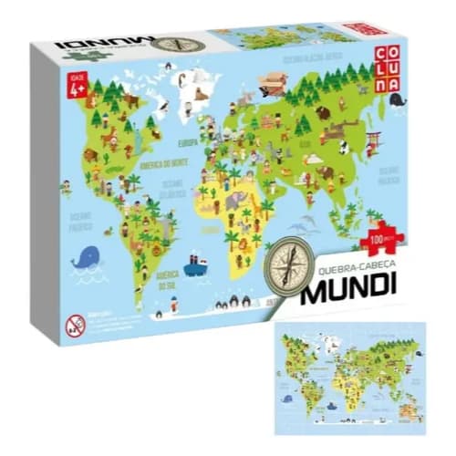 Quebra Cabeça Mapa Mundi Infantil 100 Peças Papel Cartonado