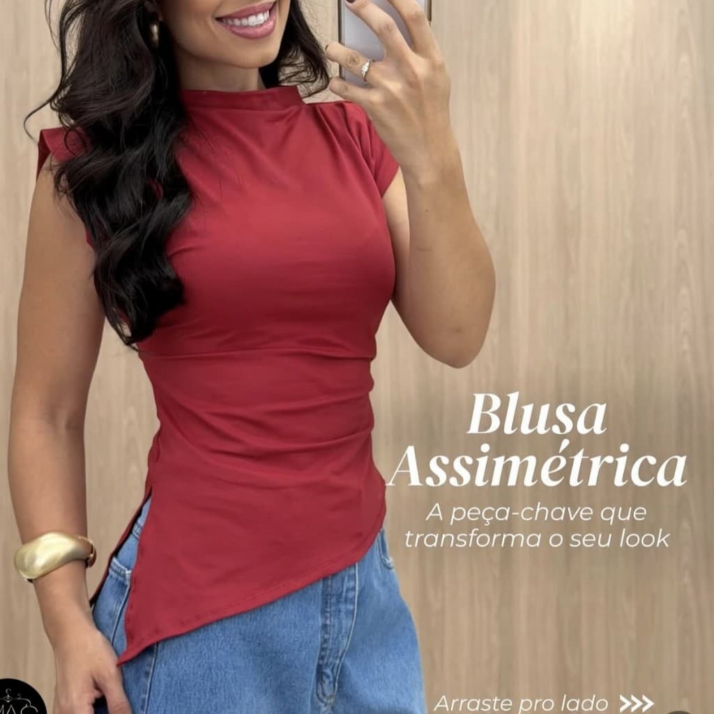 Blusa  Assimétrica com Gola Alta Canelada Ribana Drapeada Blusinha Feminina Básica Tendencia Moda Blogueira
