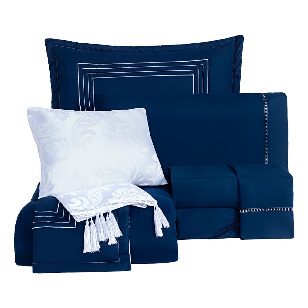 Kit Cama Enxoval Londres King 9 Peças Bordado Dupla Face