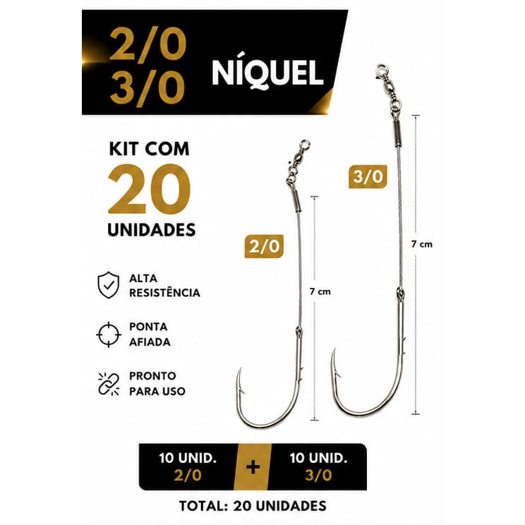 Kit Anzol Flexível 2/0 E 3/0 Com Girador 20 Unidades Pesca