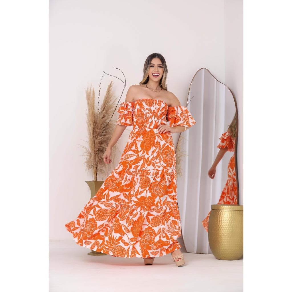 Vestido Feminino tres Maria Longo Ombro a Ombro Tecido Crepinho Floreado Novidade De Vestidos