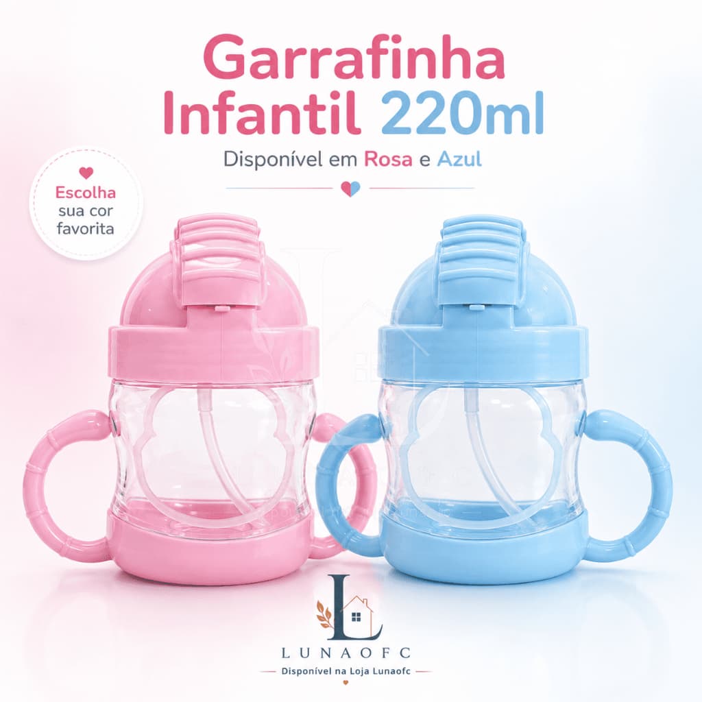 Garrafinha Infantil 220ml Com Alças Laterais Bico Retrátil Copo Criança Rosa Azul Escola Dia KidsTop