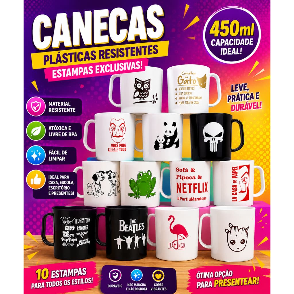 Caneca Plástica 450ml com Estampa Sortidas Presente Brinde Já Personalizadas Prontas Envio Imediato