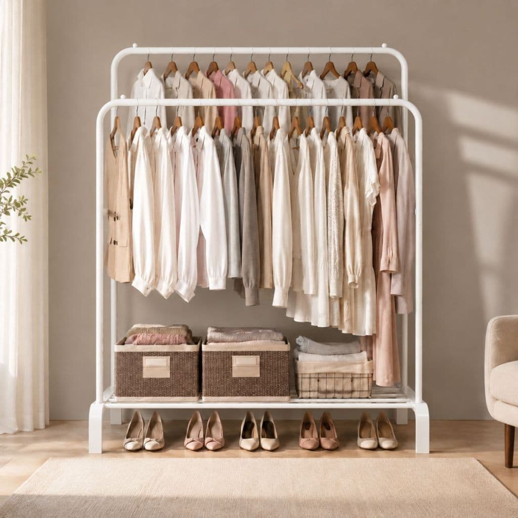 Arara Dupla Cabideiro De Roupa Com Sapateira para Quarto Closet Multiuso cor Branco Ikaza