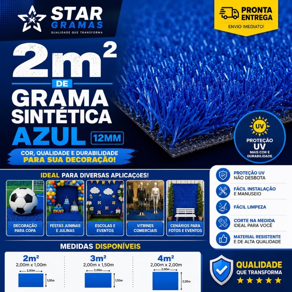 Grama Sintética Azul Decorativa 12mm Corte na Medida Pronta Entrega