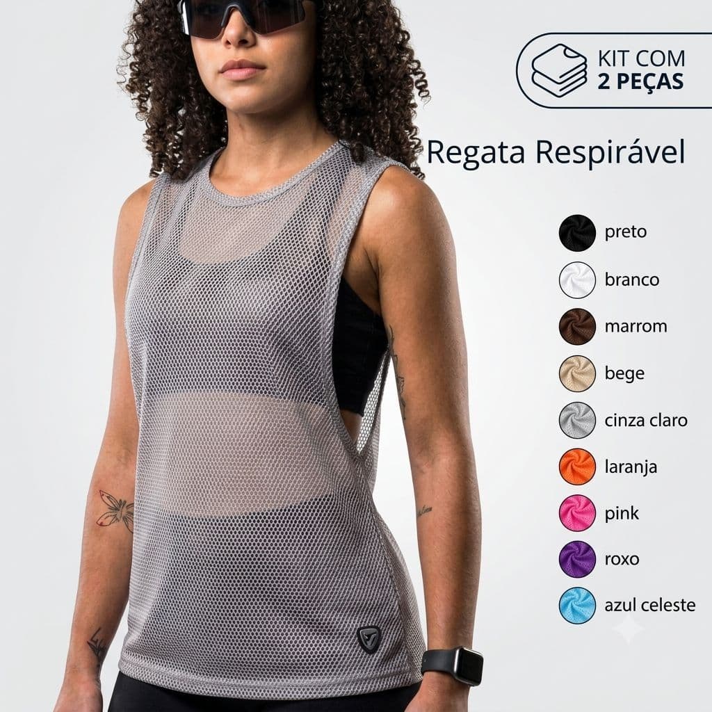 KIT COM 2 CAMISETAS REGATA TELA TULE ARRASTÃO TRANSPARENTE  SOBREPOSIÇÃO ACADEMIA FITNESS TREINO