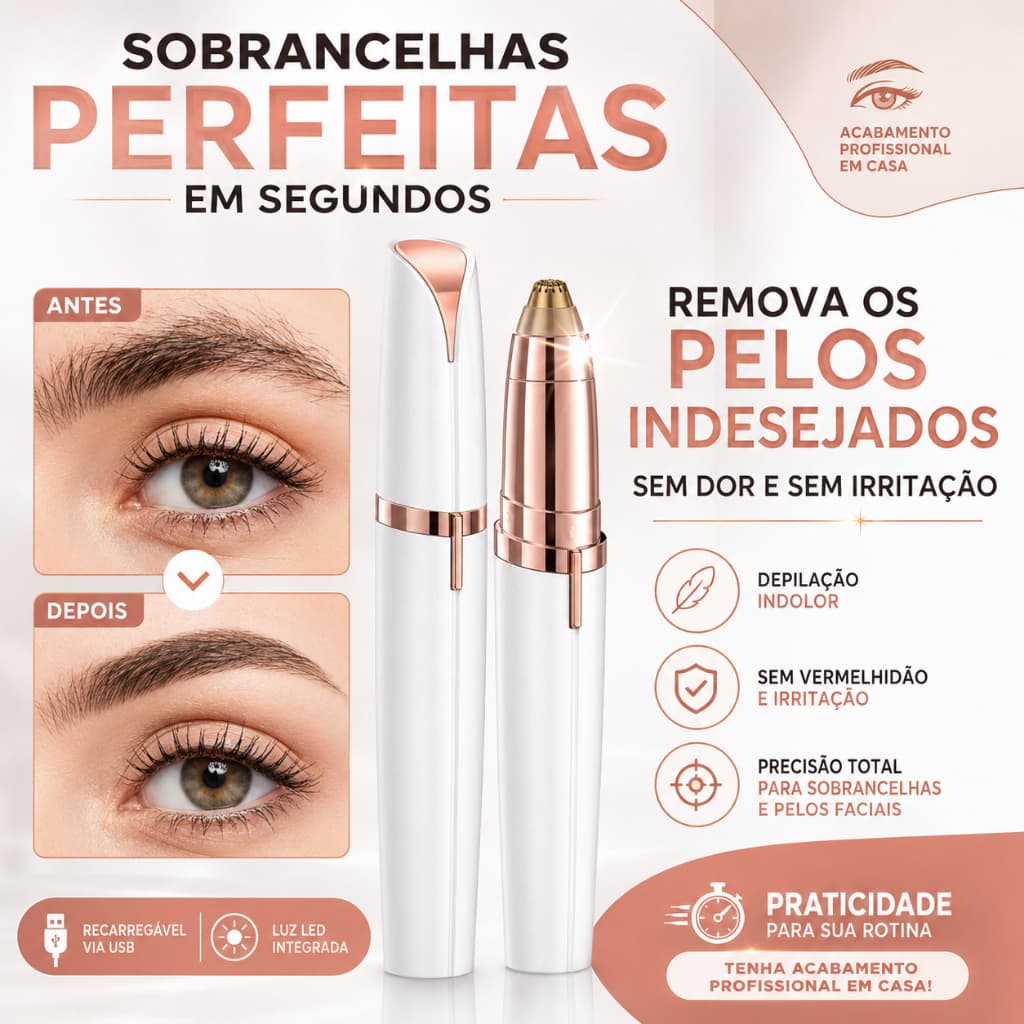 Caneta Depiladora Sobrancelha Elétrica Recarregável USB Aparador Facial Feminino Com LED