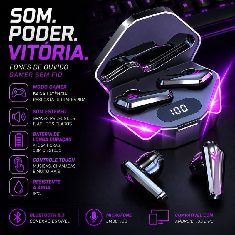 Fones de Ouvido Bluetooth X15 TWS com Cancelamento de Ruído Ativo