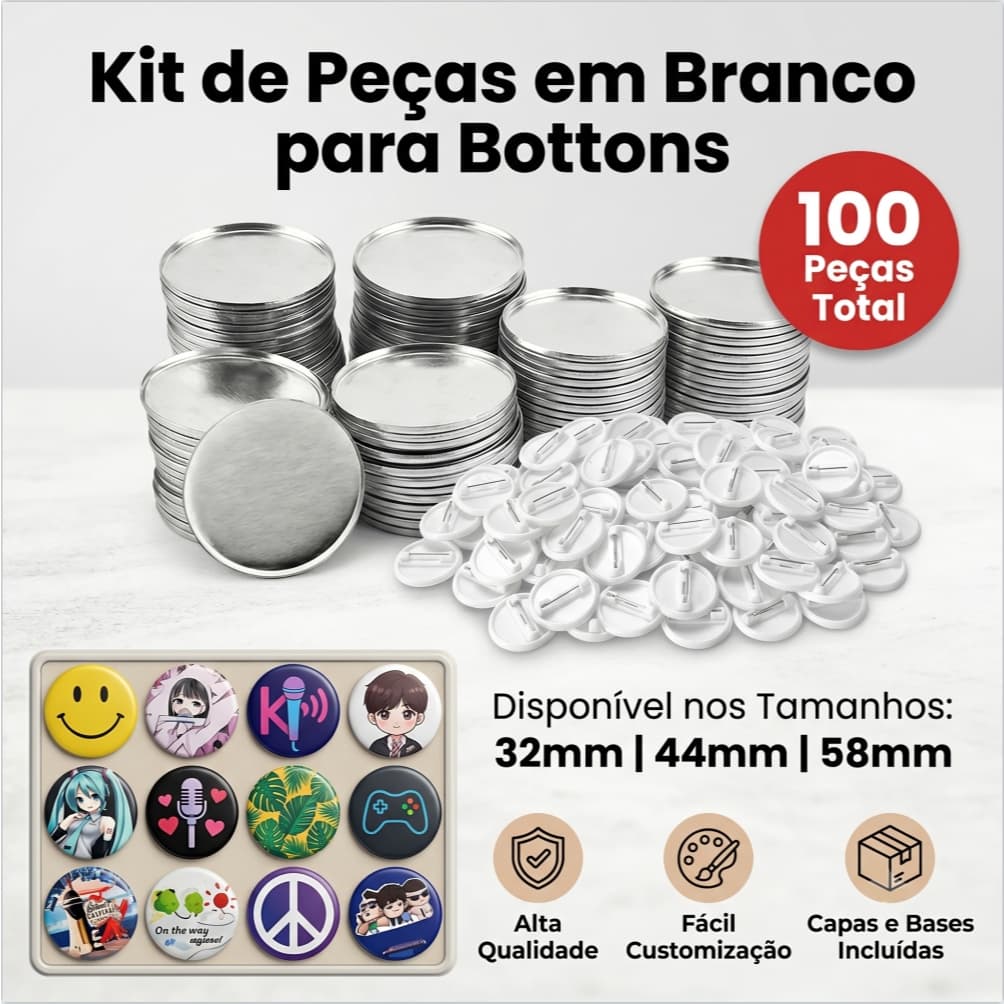 32mm/44mm/58mm Bottons Brancos 100 Kit Para Crachá Deslizante Máquina De Button