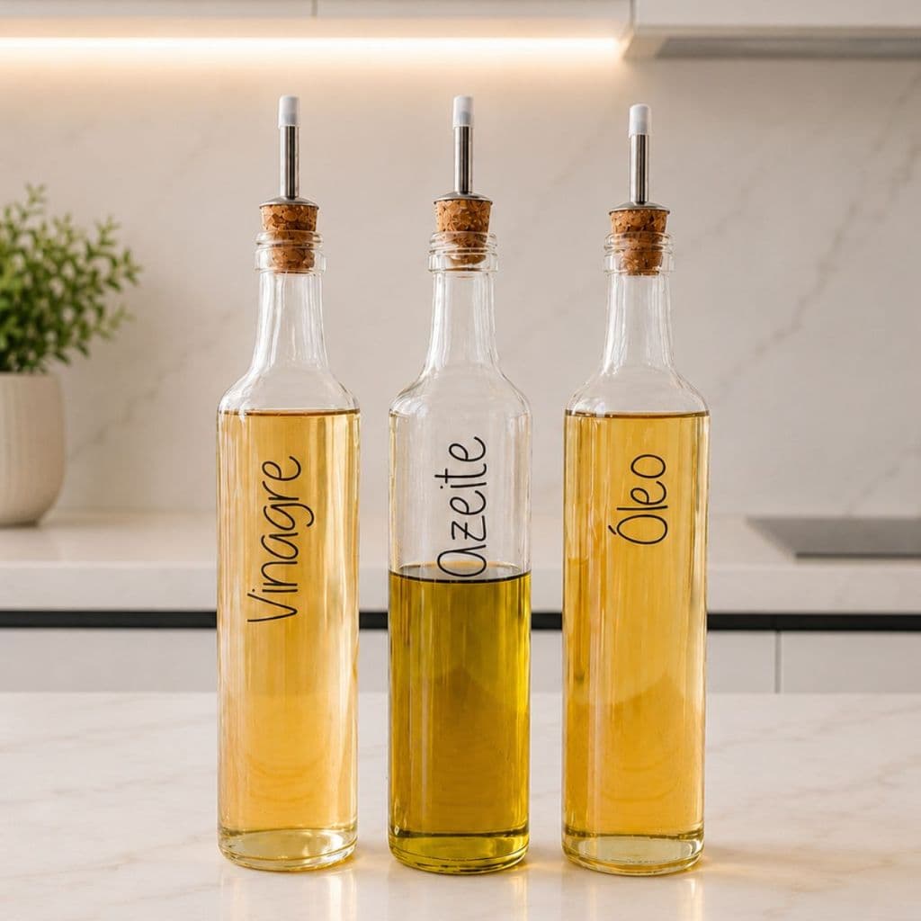 Kit 3 Galheteiros de Vidro 500 ml | Bico Dosador Cortiça | Vinagre | Azeite | Óleo