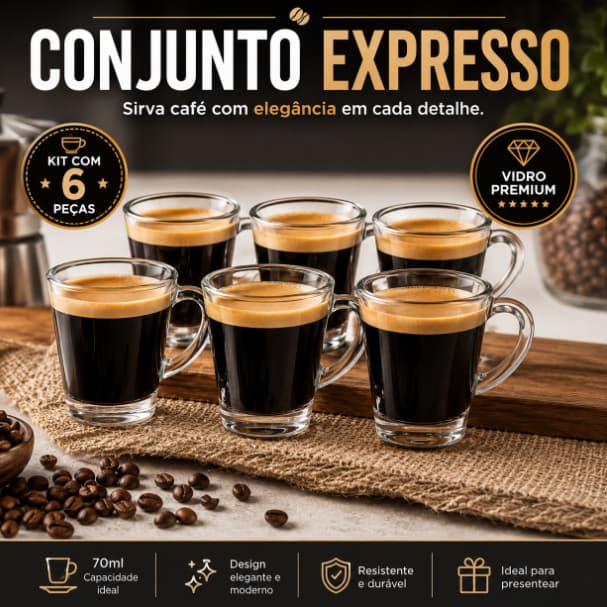 Kit 6 Canecas de Vidro Café Expresso 70ml Transparente Premium Resistente