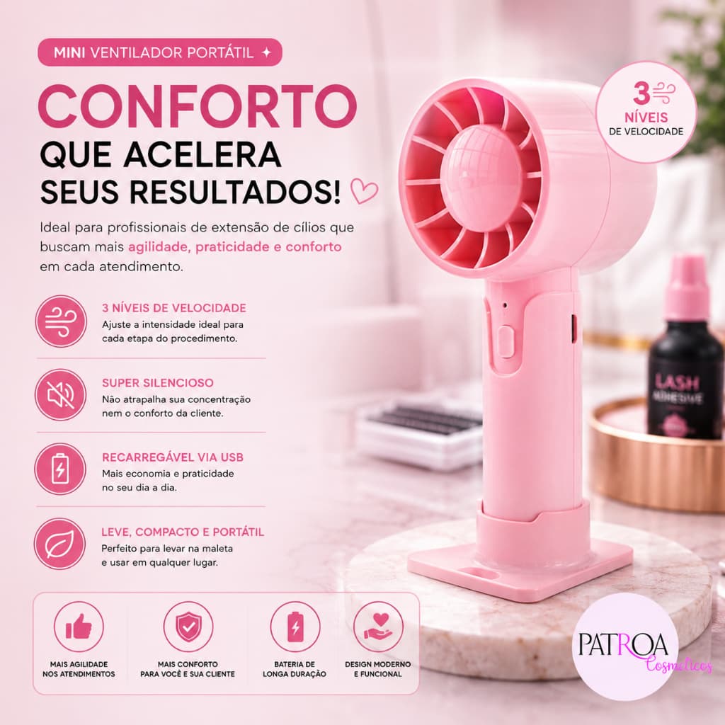 Mini Ventilador Portátil Recarregável USB 3 Níveis Extensão de Cilios