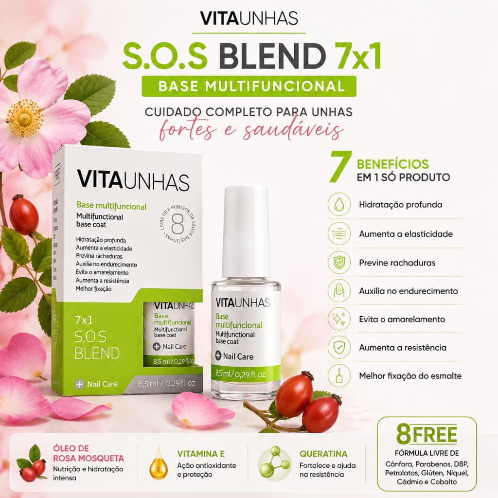 Base Multifuncional Vitaunhas SOS Blend 7x1 Óleo de Rosa Mosqueta Endurecedora Hidratante Unhas Fracas Quebradiças 8,5ml