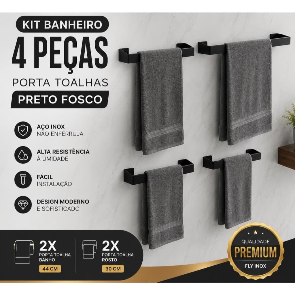 Kit Banheiro Inox Preto 4 Peças | 2 Porta Toalha Banho + 2 Porta Toalha Rosto Premium