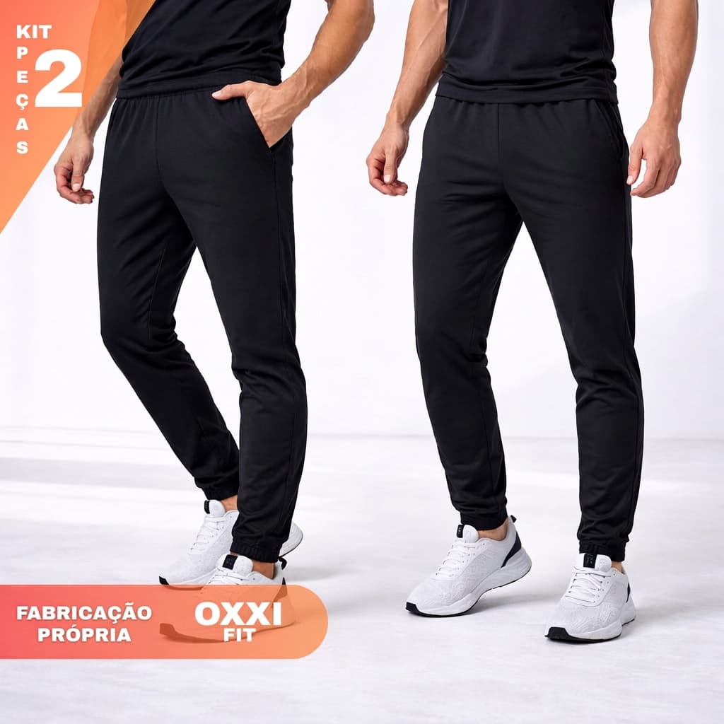 Kit 2 Calças Masculinas Plus Size Preta Esportiva Punho Elástico Treino Academia