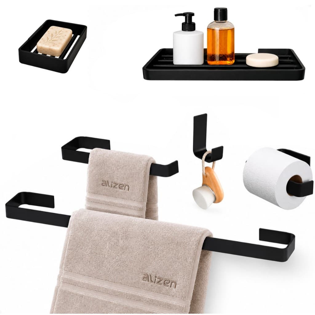 Kit de Acessórios para Banheiro Quadrado Preto 6 Peças com Porta Shampoo Luxo