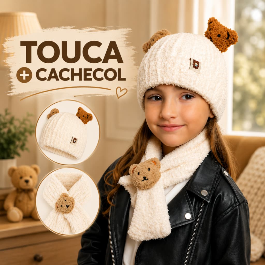 Kit Touca Infantil Ursinho Cachecol Macio Inverno Casual