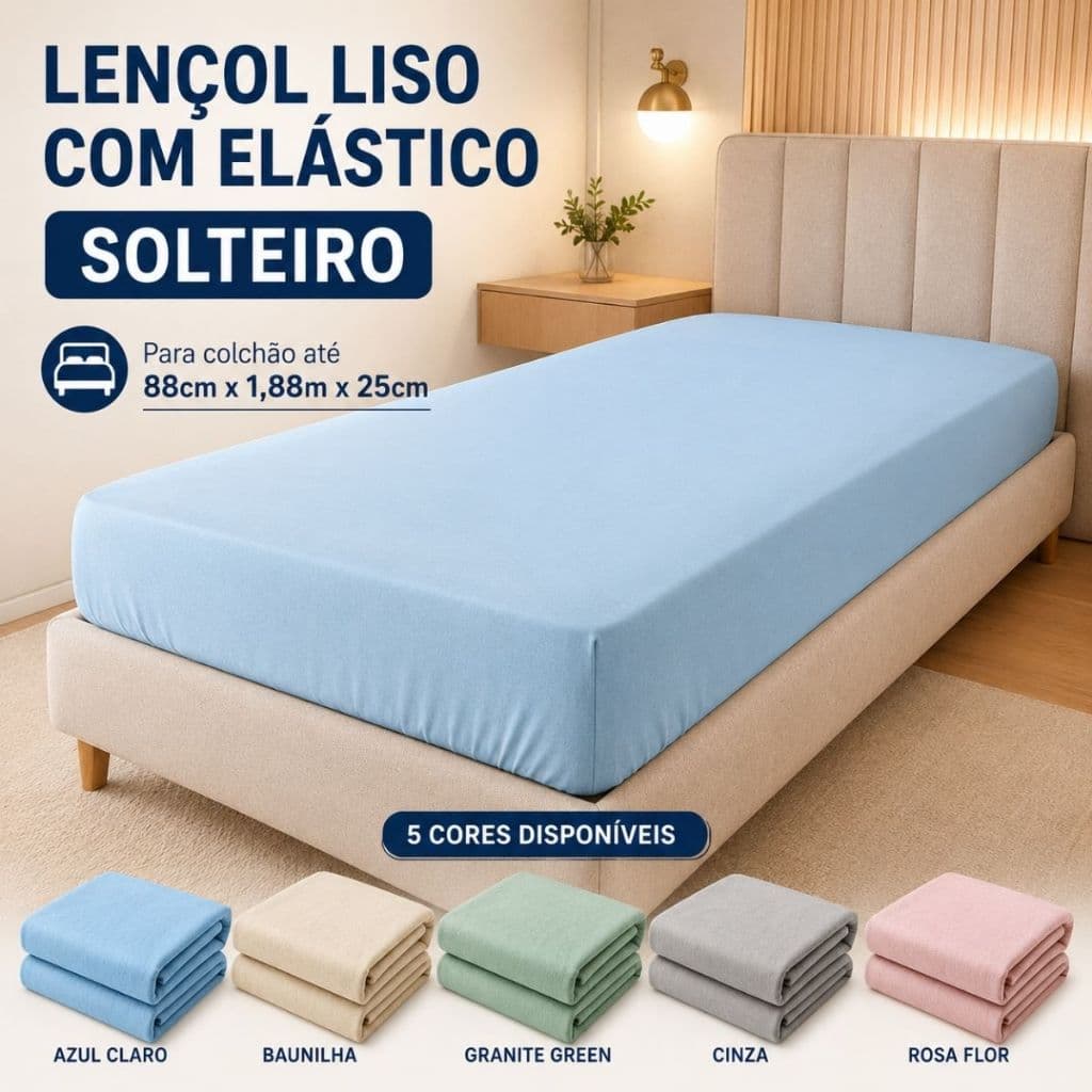 Lençol Solteiro Com Elástico Adulto Liso Avulso De Malha Macia 100% Algodão