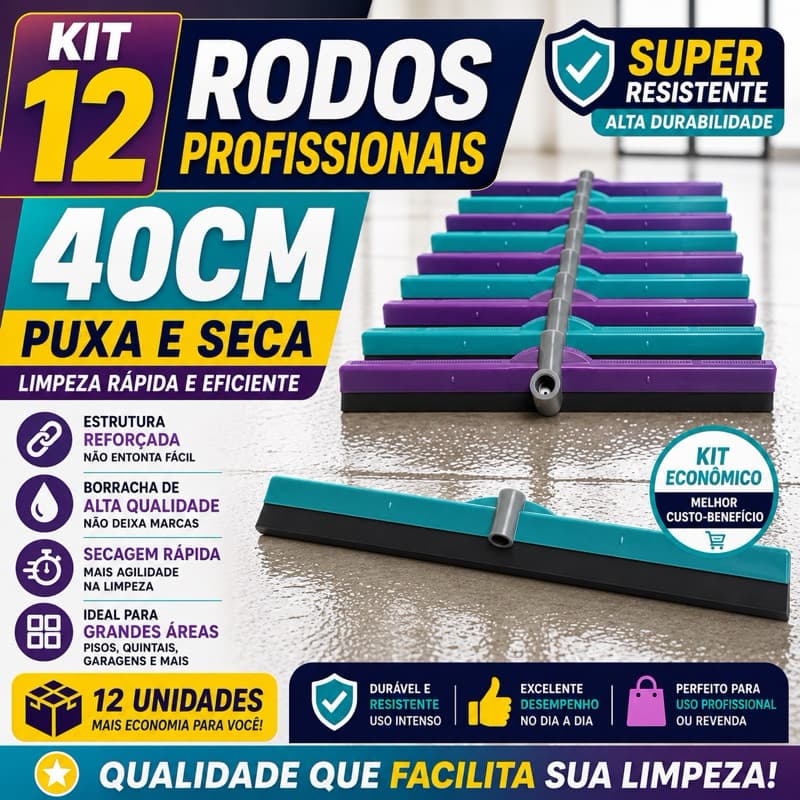 KIT 12 unidades Rodo Plástico 40cm profissional Duas Folhas Puxa e Seca SEM CABO  - Alta Qualidade, Resistente e Leve