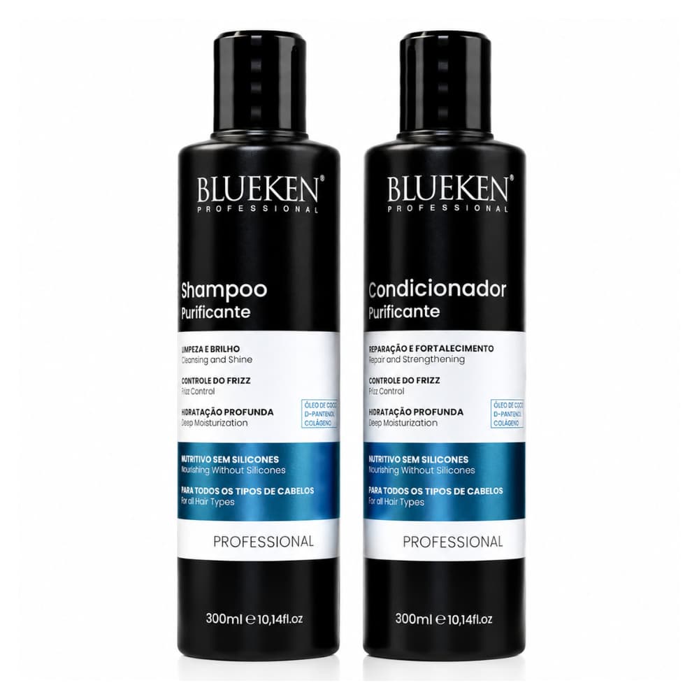 Kit Shampoo e Condicionador Purificante Blueken 300ml Hidratação Brilho e Controle do Frizz ORIGINAL