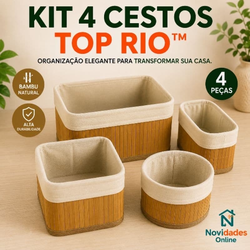 Conjunto 4 Cestos Organizadores Kit Bambu Multiuso Organizador Decorativo Casa Cozinha Banheiro Sala