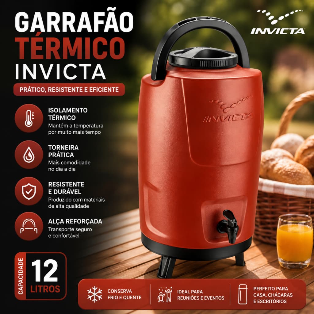 Botijão Térmico 12L Vermelho Velvet Invicta