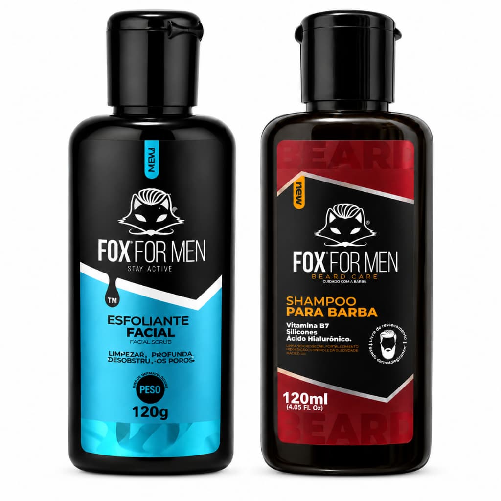Kit Barba 2 em 1 Shampoo Barba 120ml + Esfoliante Pré-Barba 120g Fox For Men Limpeza Barba Macia