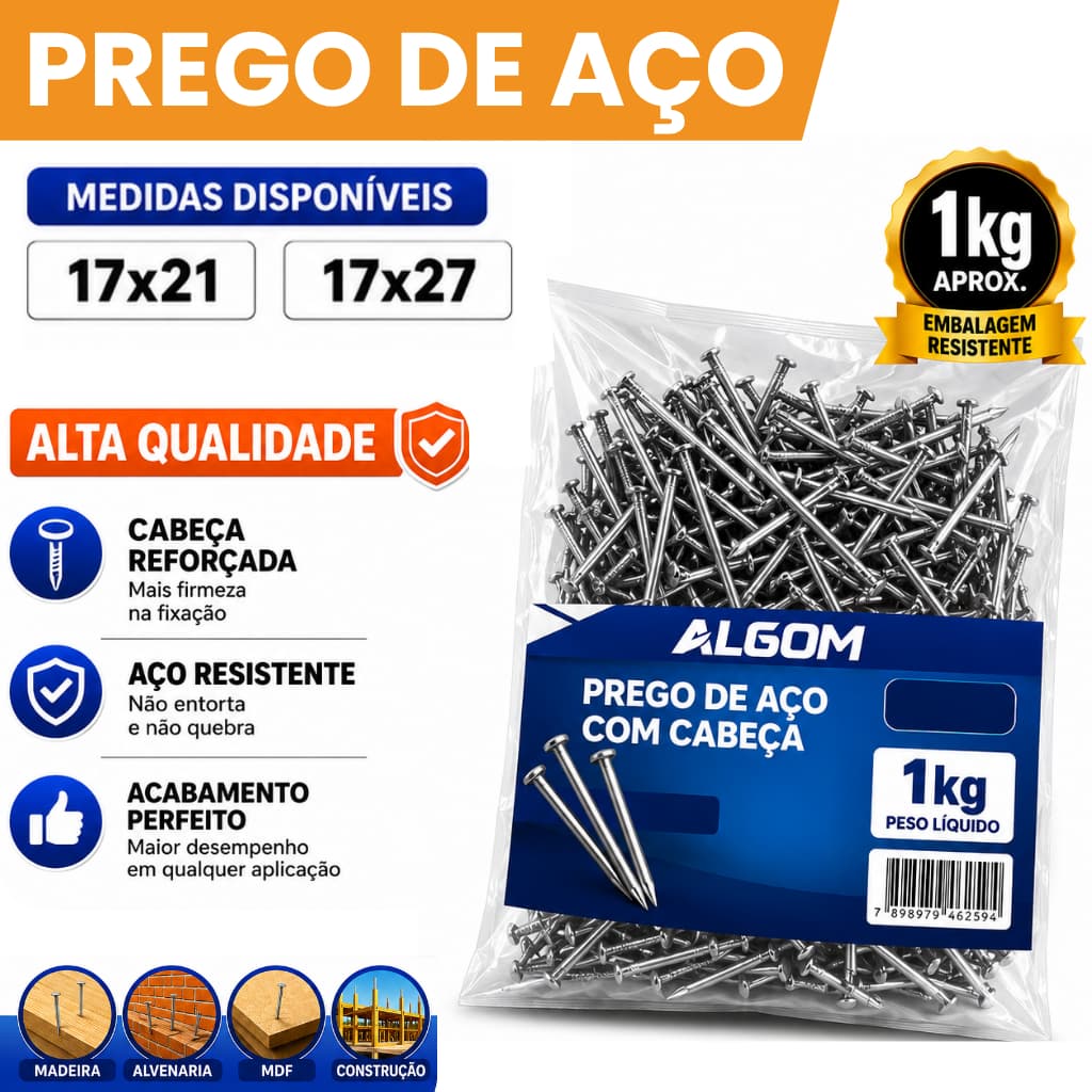 Prego De Aço Com Cabeça 17x21 / 17x27 Pacote 1kg Grosso Construção Marcenaria Caixaria