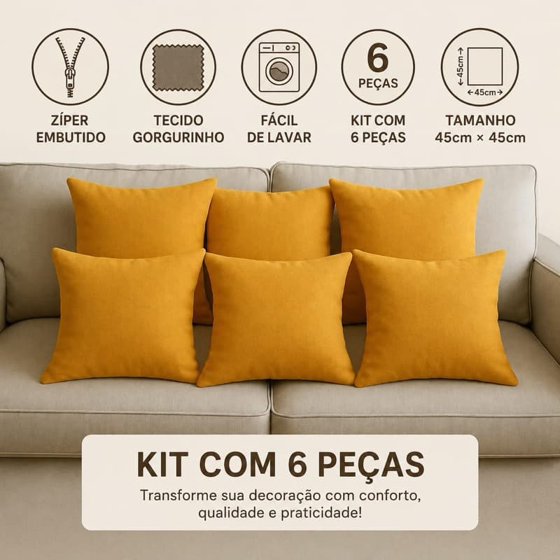 Kit 6 Capas de Almofada Premium em Gorgurinho – Zíper Embutido e Fácil de Lavar