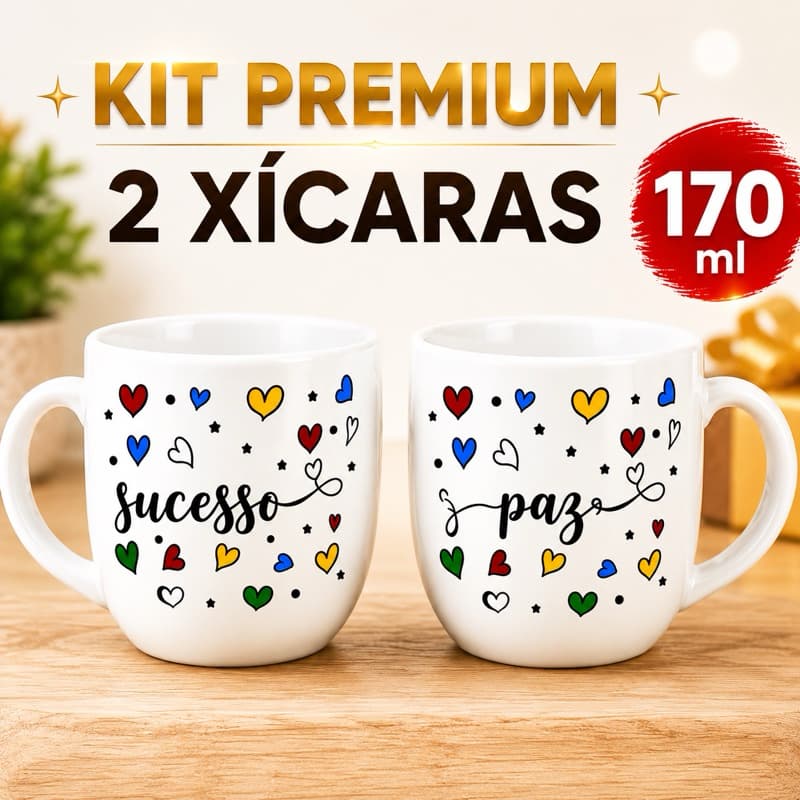 Kit 2 Xícaras Premium 170ml Cerâmica Decorada Presente Especial