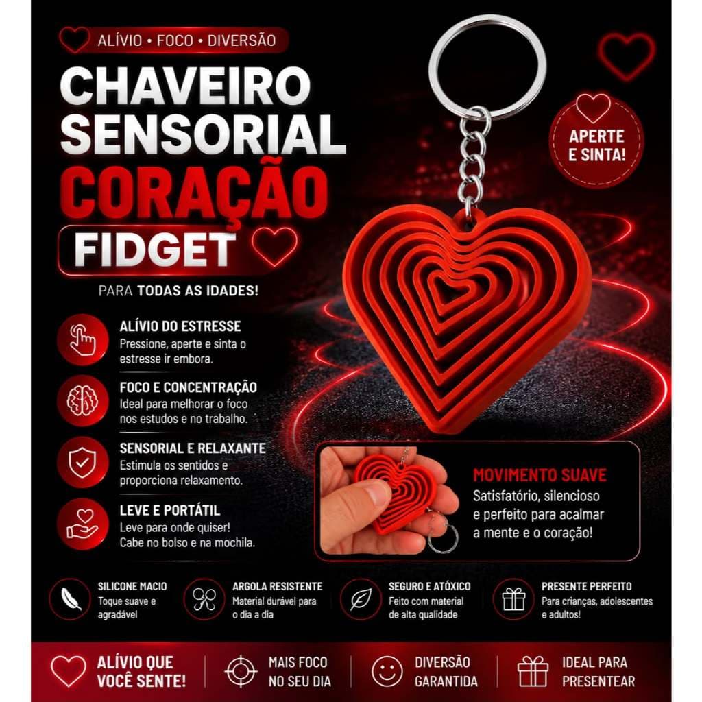 Chaveiro sensorial coração fidget