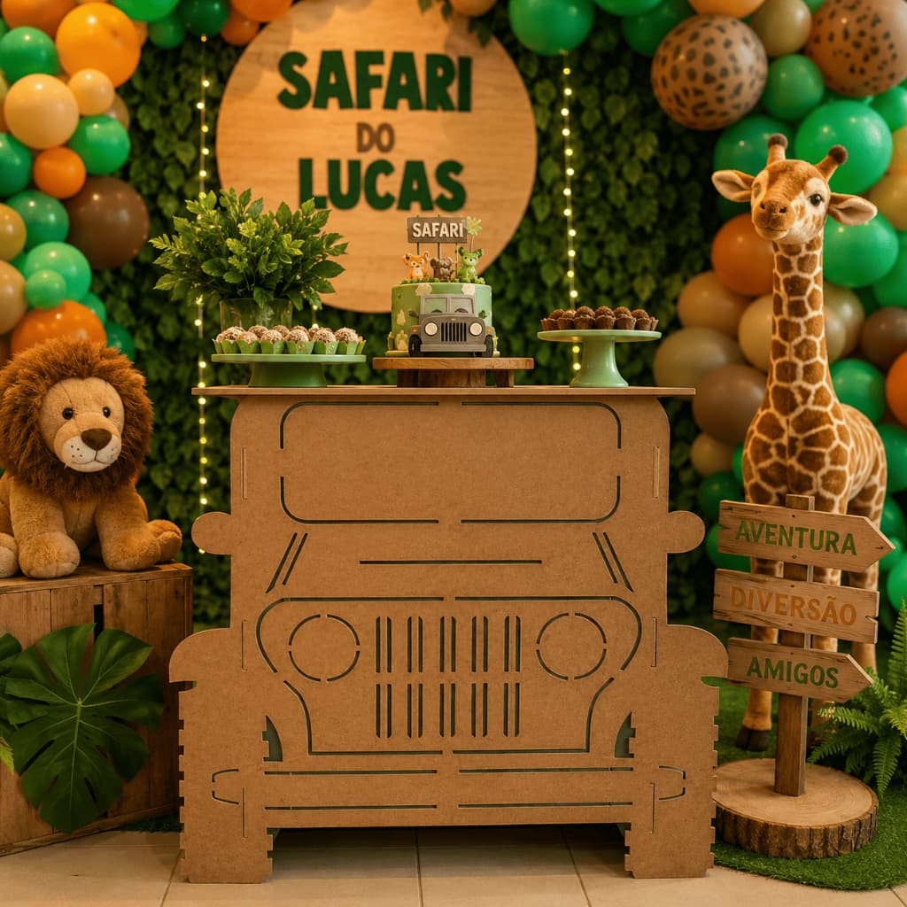 Mesa de Festa Jeep Mdf 3D Cenário Decoração Safari Aniversário