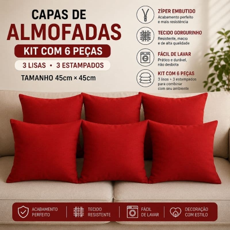Kit 6 Capas de Almofada Premium em Gorgurinho – Zíper Embutido e Fácil de Lavar