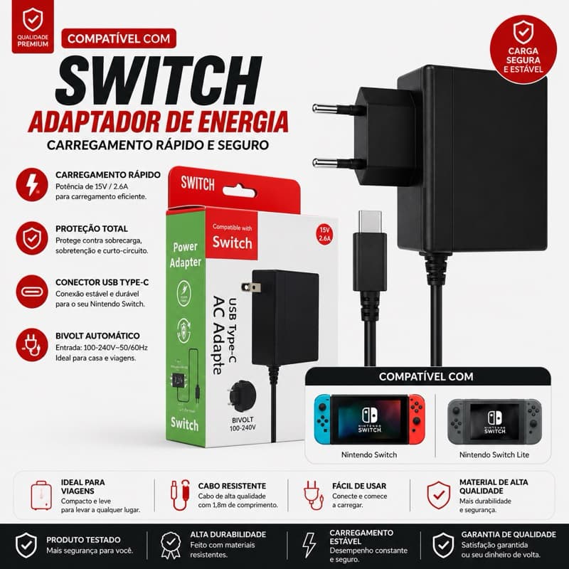 Fonte Carregador USB-C para Nintendo Switch Bivolt